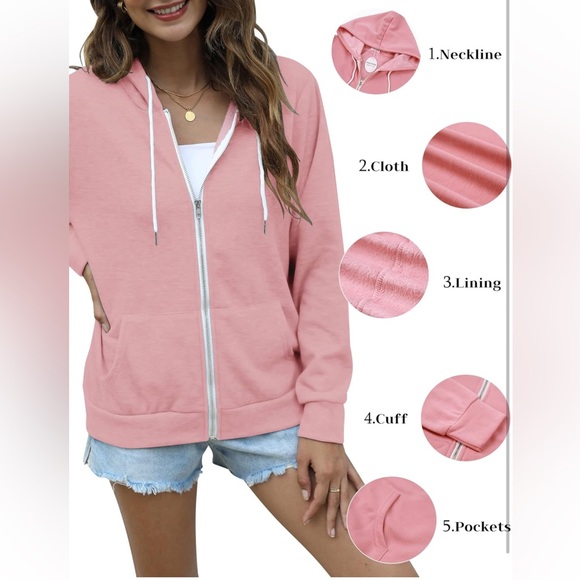 Women's Pink XL Fashion Hoodie Drawstring Sweater Zip Up - Picture 2 of 6